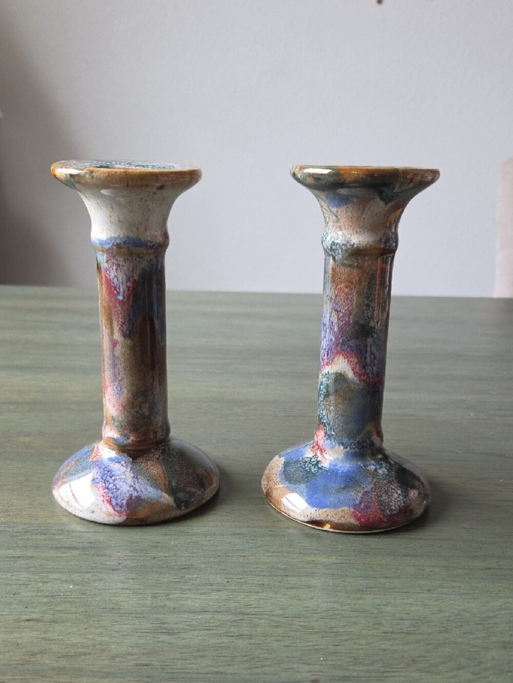 Artisan Multicolor  Marble Glazed Ceramic Candle Holders - Pair